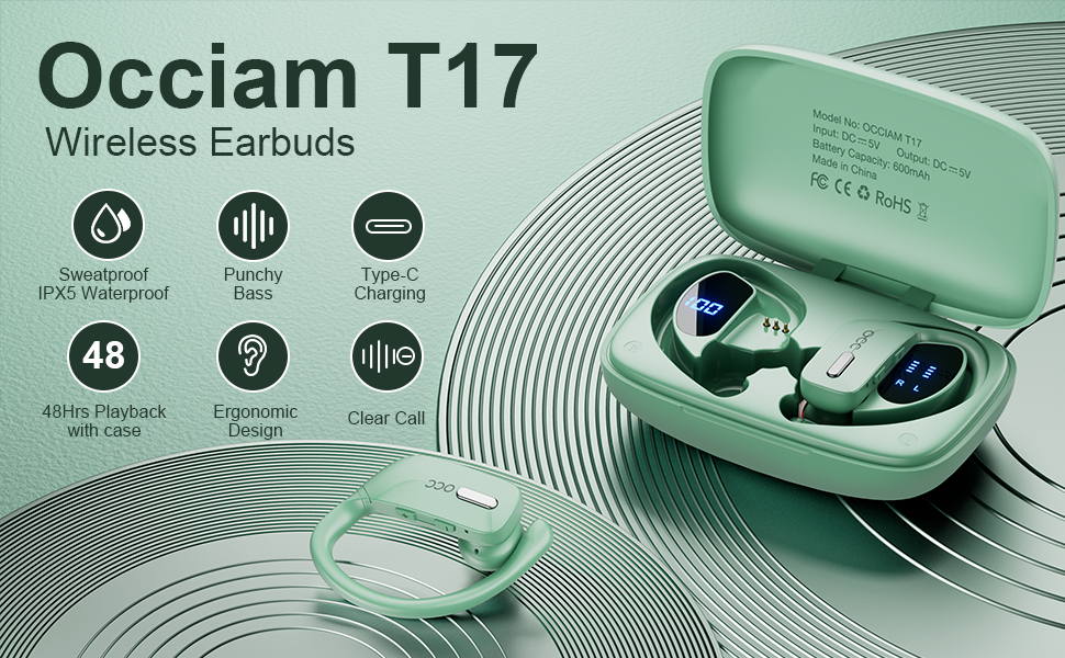 occiam Wireless Earbuds Bluetooth Headphones 48H Play Back Earphones in Ear  Waterproof with Microphone LED Display for Sports Running Workout Green